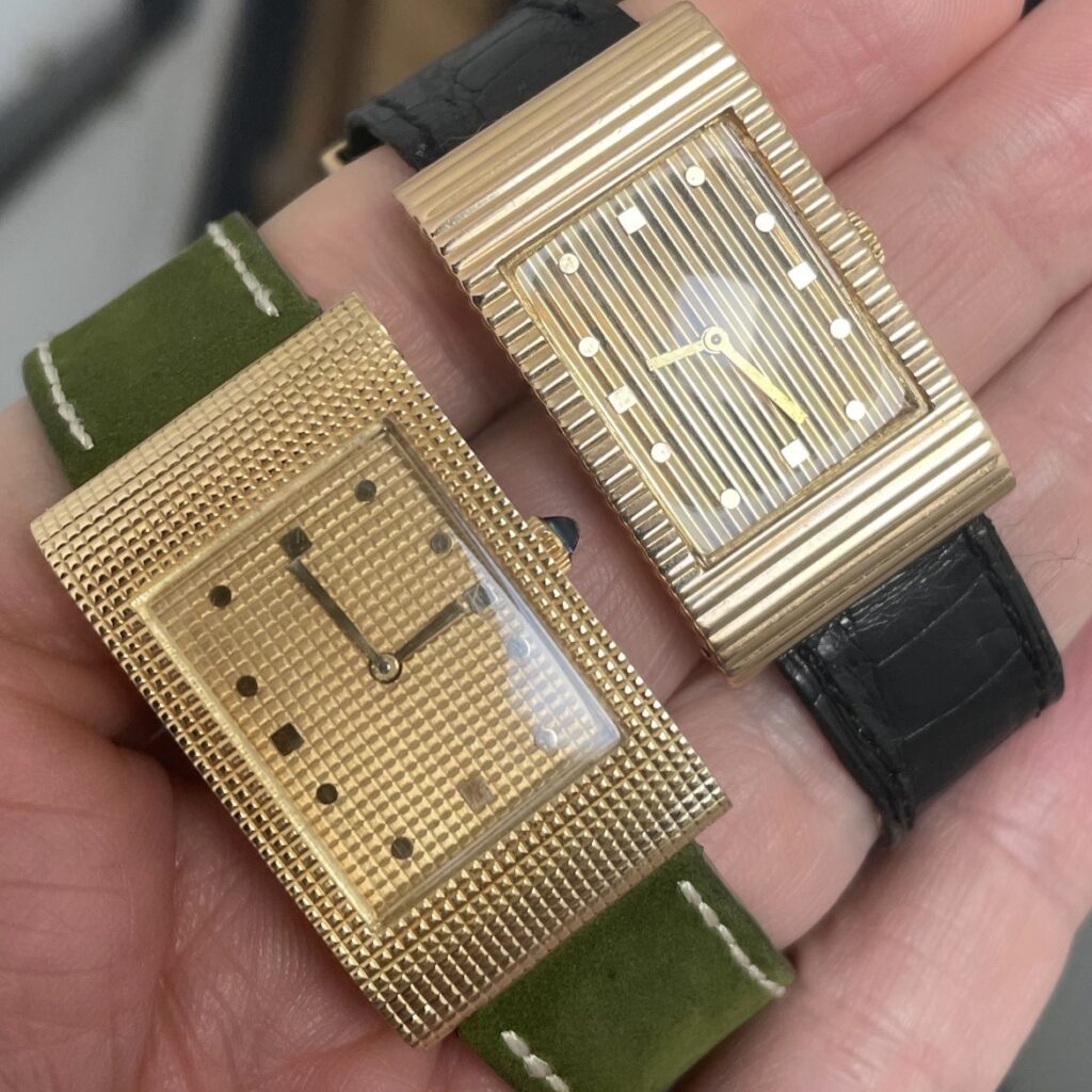 Two Boucheron watches showing the difference between different era's of the reflet